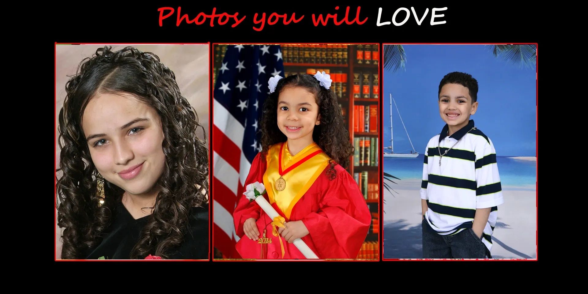 School portrait background sample strip showing available backdrop styles.