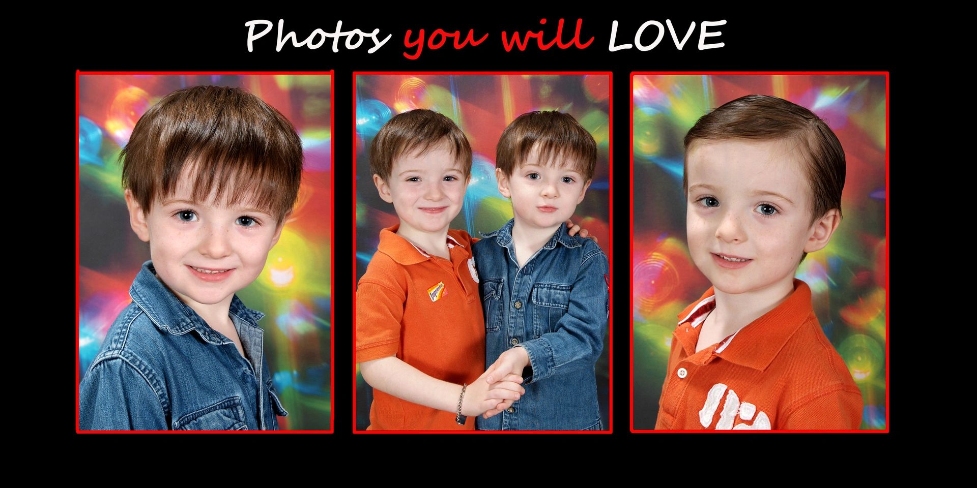 Preschool and graduation portrait samples with colorful studio backgrounds.